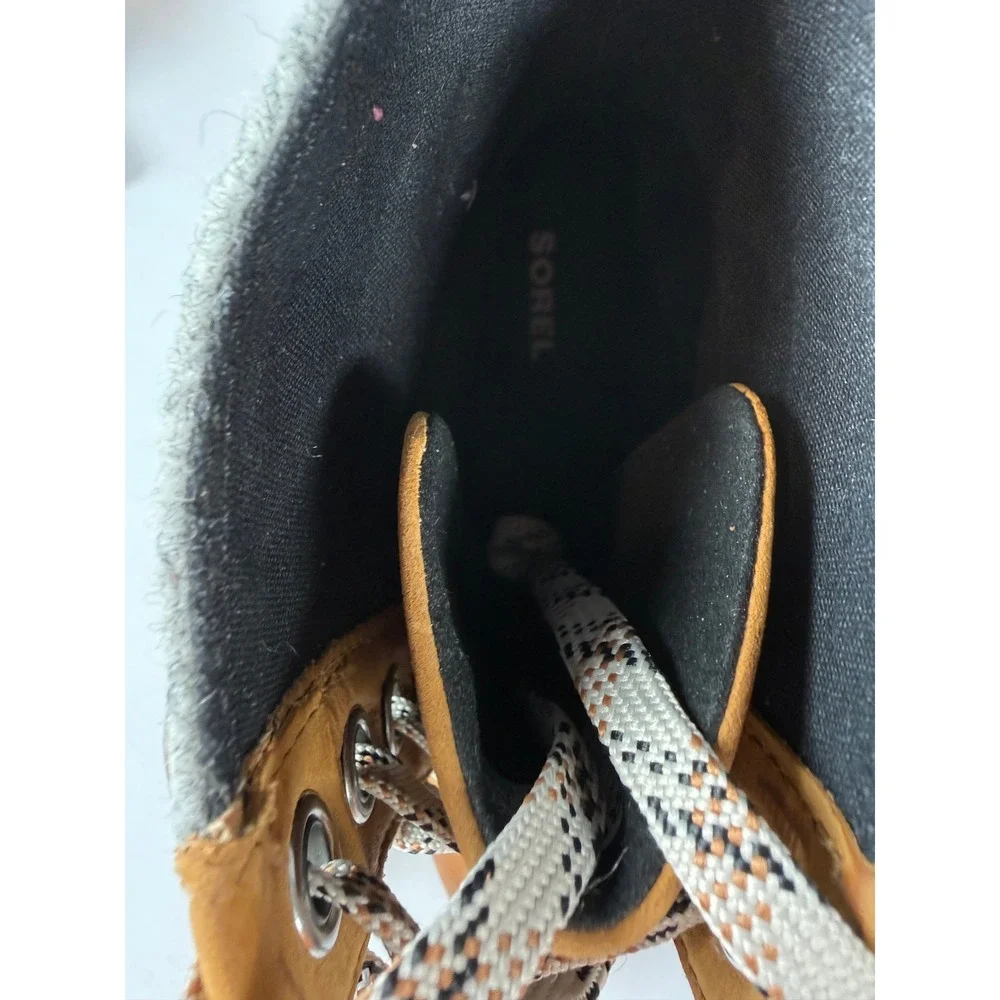 Sorel Lexie Wedge Boots Tan‎ Grey Leather Felt Lace Up NL3376-224 Womens 9